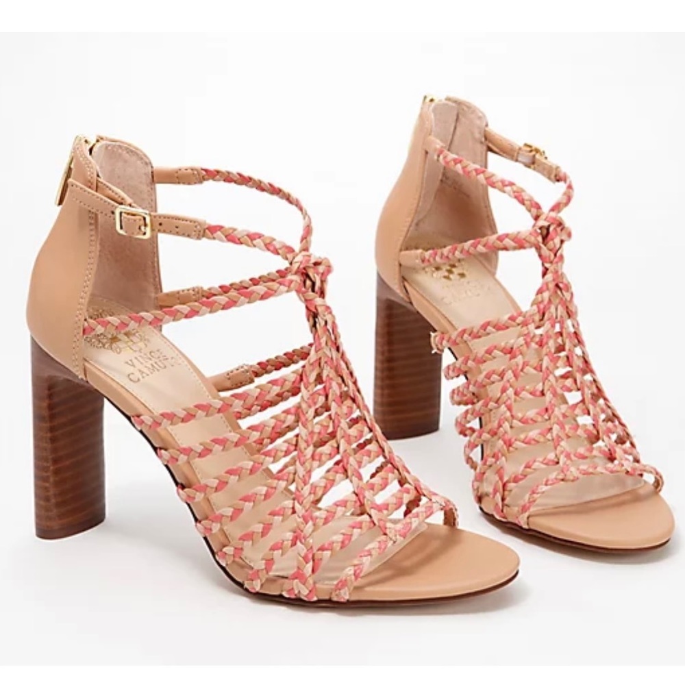 New Vince Camuto Ariah Leather Gladiator Braided Heels Shoes Sandstone 11 M